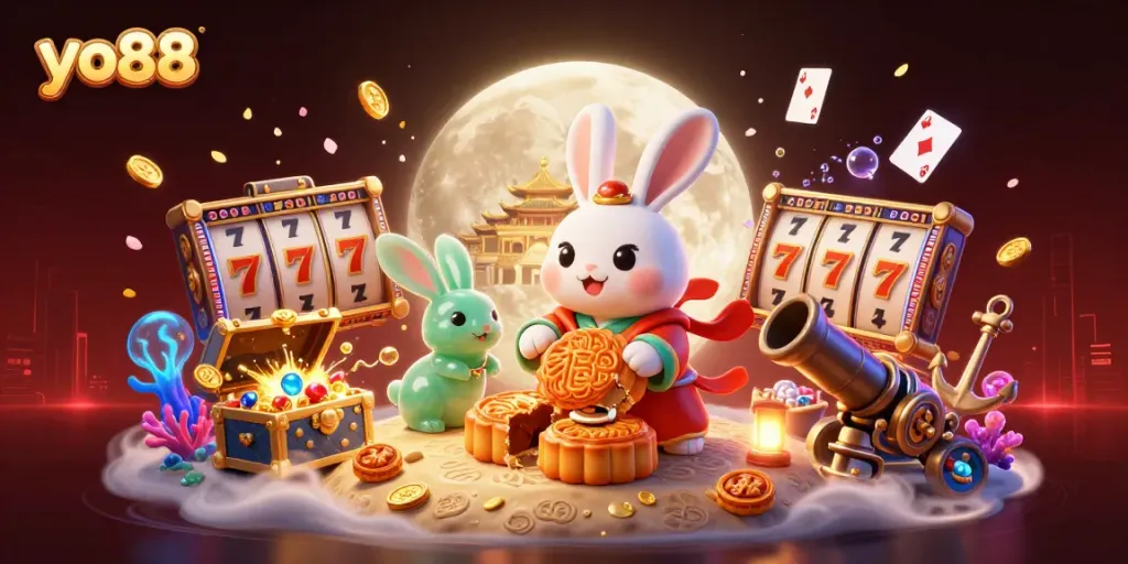Engage with yo88's thrilling slots scene featuring a dynamic moon rabbit and casino elements.
