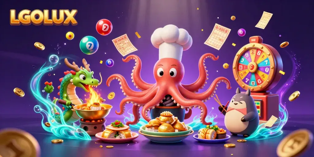 Engage with LGOLUX's vibrant casino experience featuring an octopus chef and dynamic game elements.