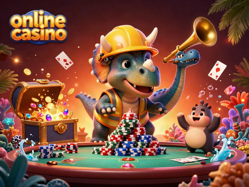 Juega en un casino online donde un triceratops construye una pirámide de fichas de póker mientras celebra un parasaurolophus.