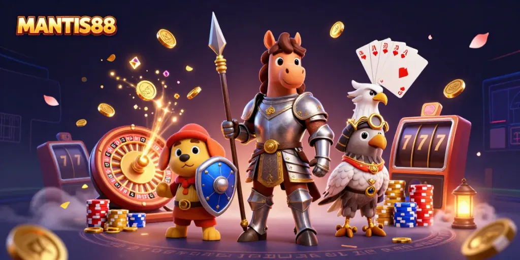 Experience seamless gameplay with MANTIS88 as characters engage in thrilling casino action, highlighted by vibrant elements.