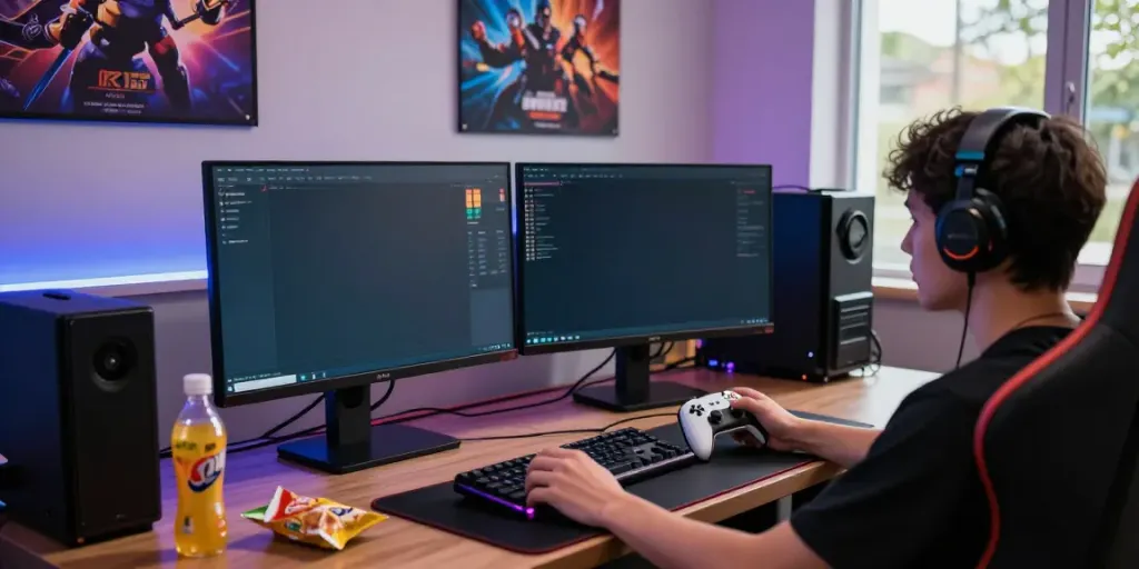 Engaging scene of a player enjoying bro138 slot on a modern gaming setup with vibrant RGB lighting.