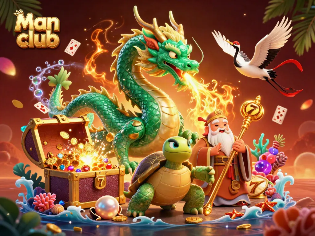 Experience the excitement at Man club with a vibrant 3D dragon and treasures, perfect for casino enthusiasts.