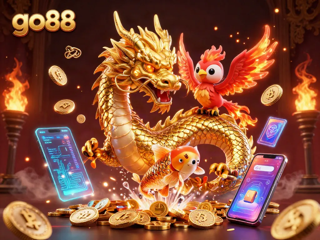 Play thrilling games on go88 with a dynamic scene featuring a golden dragon, phoenix, and koi fish.