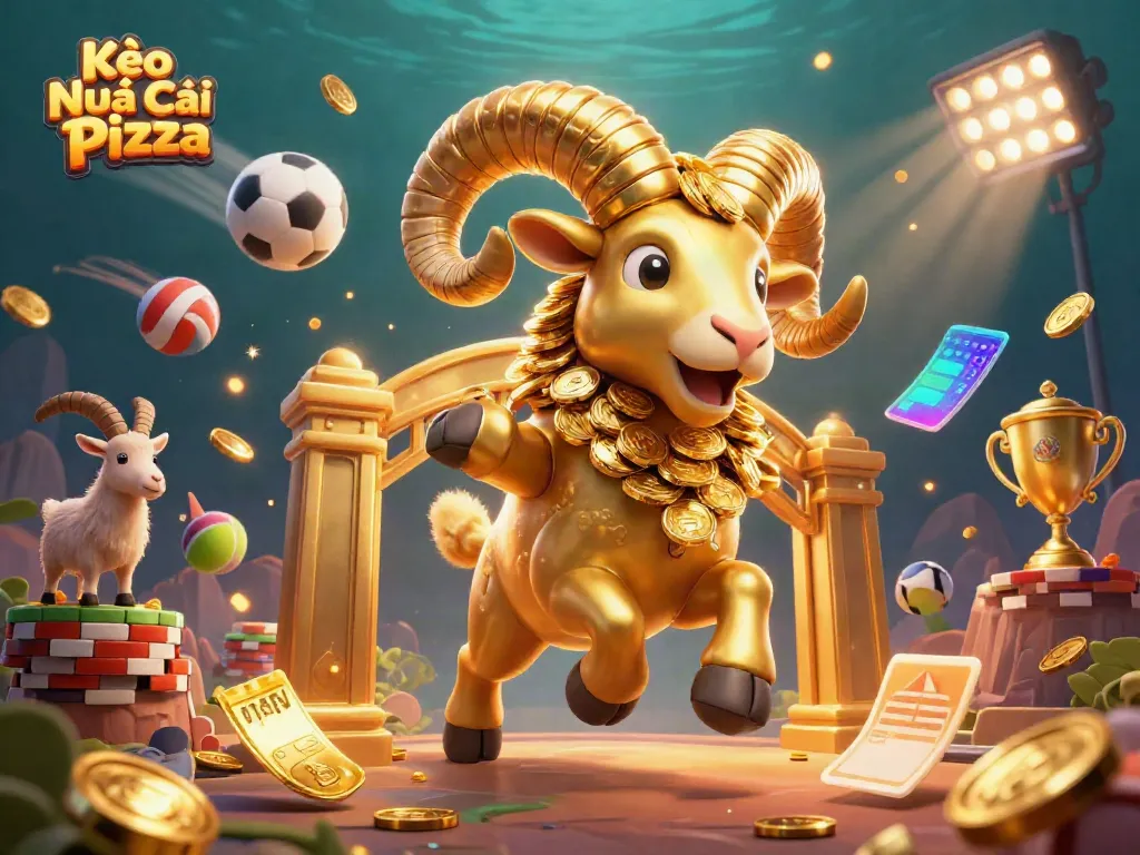 Experience the excitement of Kèo Nhà Cái Pizza with a golden ram charging through a vibrant casino scene.