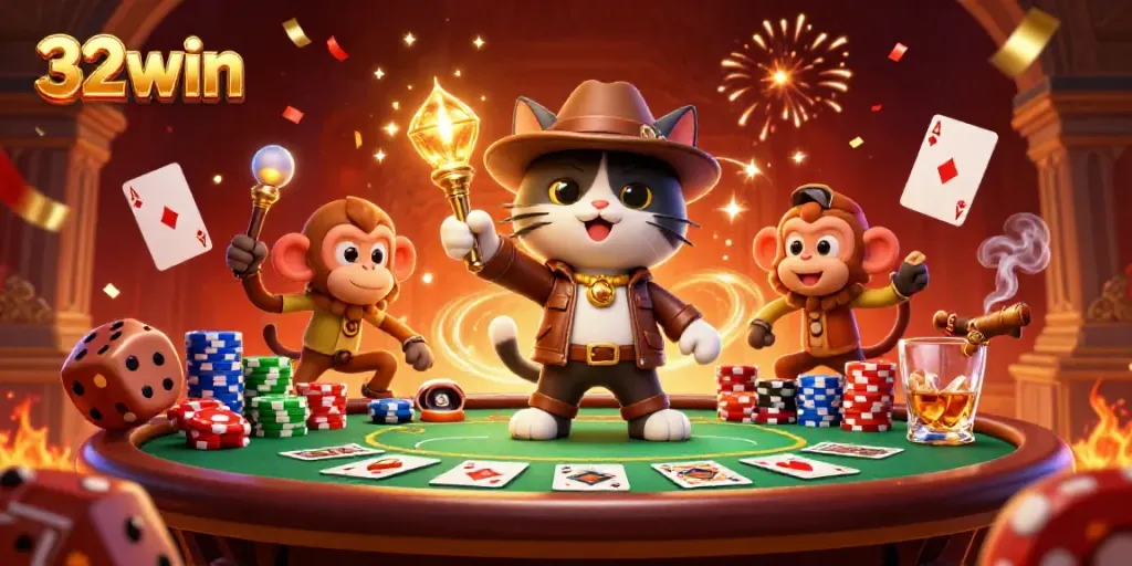 Join the thrilling adventure with 32win as a cat archaeologist and monkey companion uncover golden casino treasures.