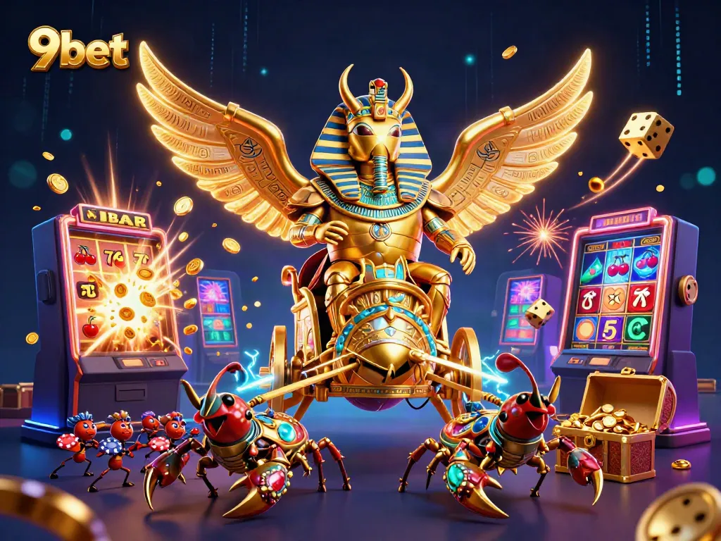 Engage with a spectacular 9bet casino experience illustrated by a golden scarab and jackpot elements.
