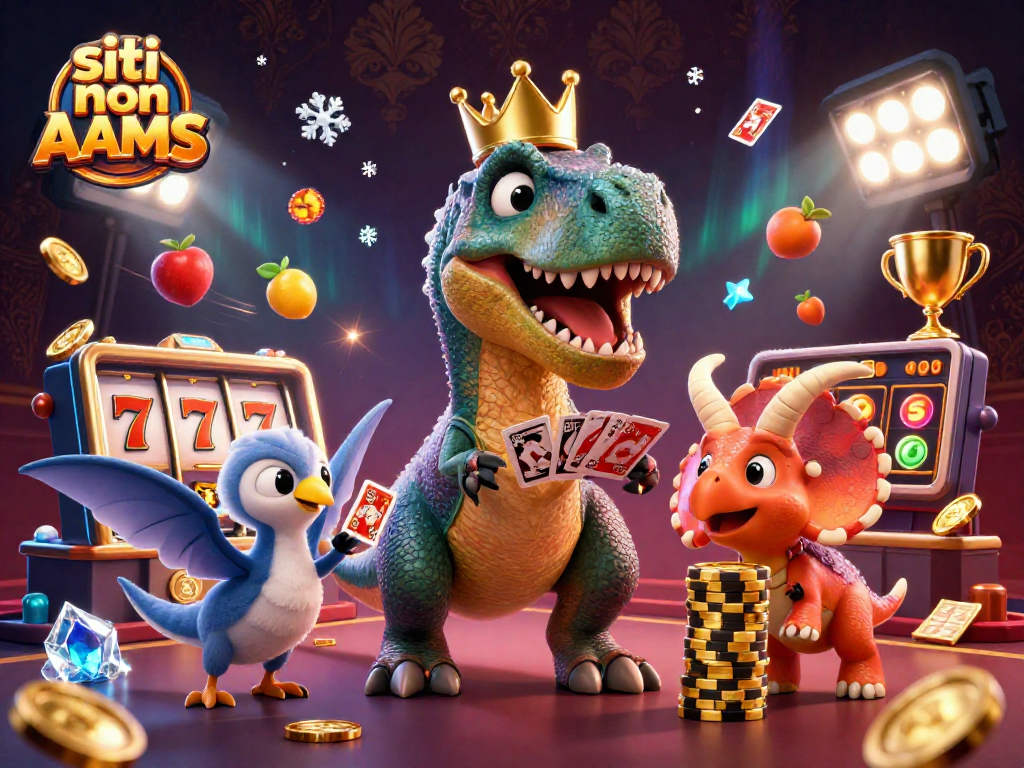 Illustrazione 3D dinamica di un T-Rex e un triceratopo mentre giocano a siti non AAMS. Azione vibrante di gioco d'azzardo!
