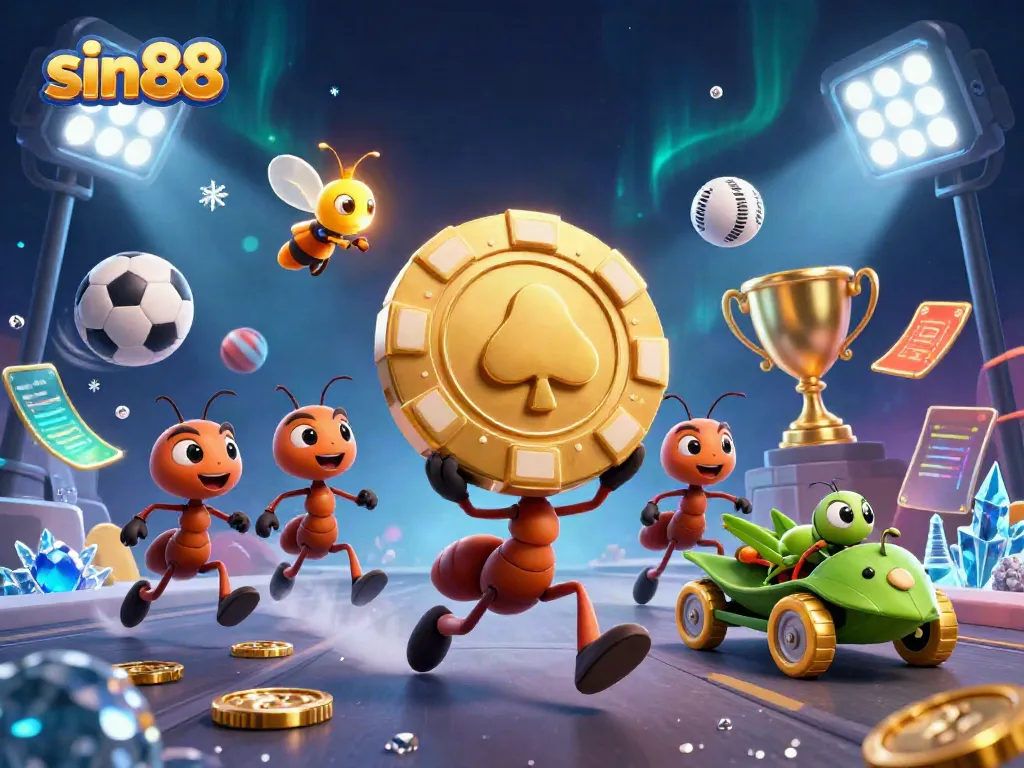Engage with sin88's dynamic gambling scene featuring colorful sports balls, vibrant casino elements, and lively characters.