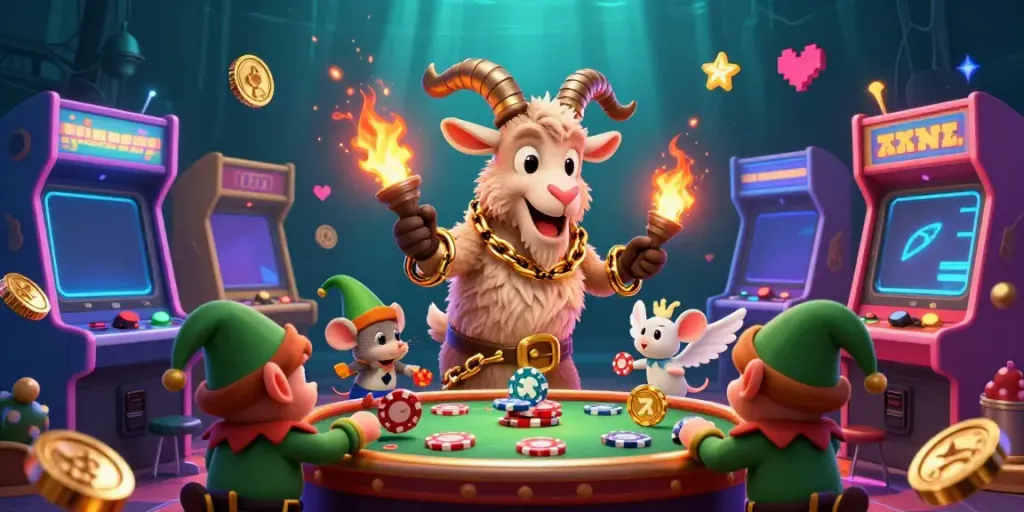 Experience thrilling casino games at Thabet with festive characters in a dynamic scene.