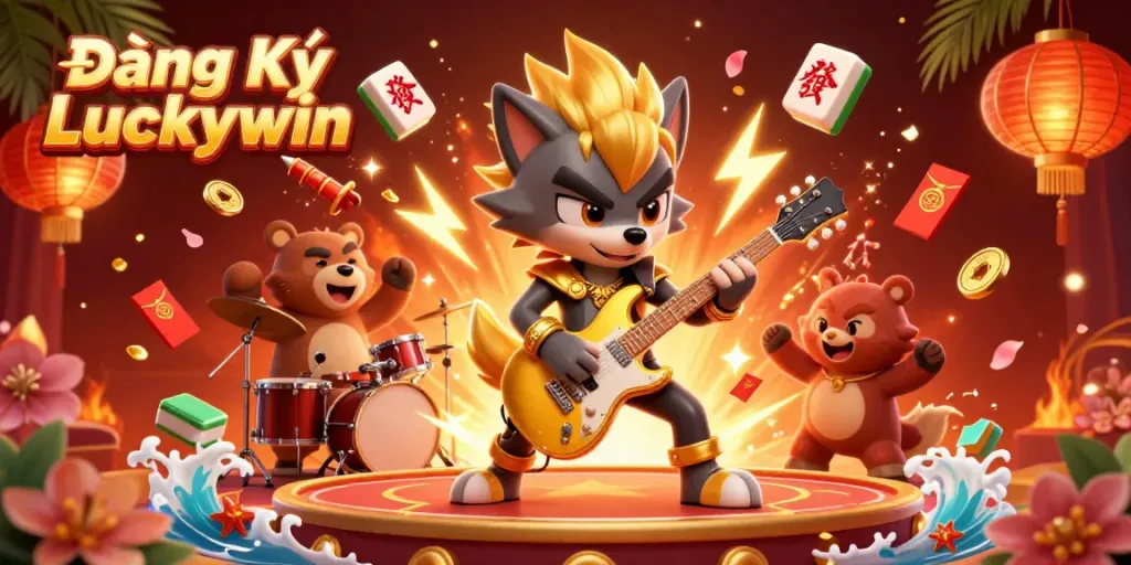 Experience the excitement of Đăng Ký Luckywin with a colorful casino stage featuring animated characters and game symbols.
