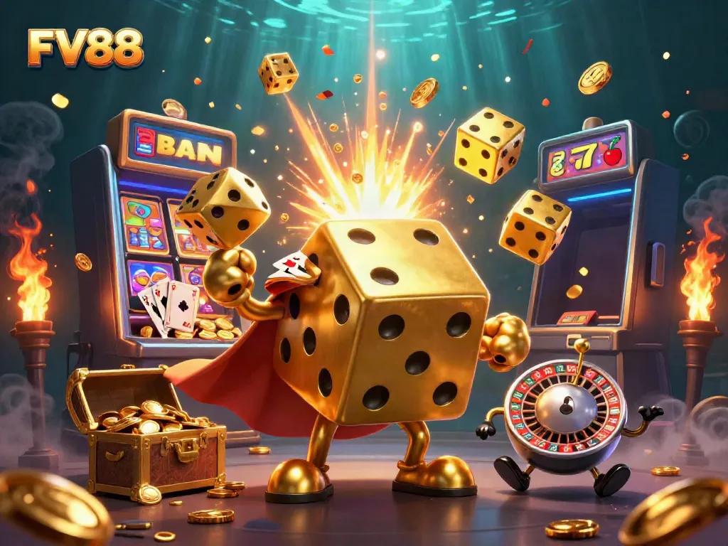 Experience the thrill of FV88 with a vibrant casino scene showcasing dynamic characters and exciting game elements.