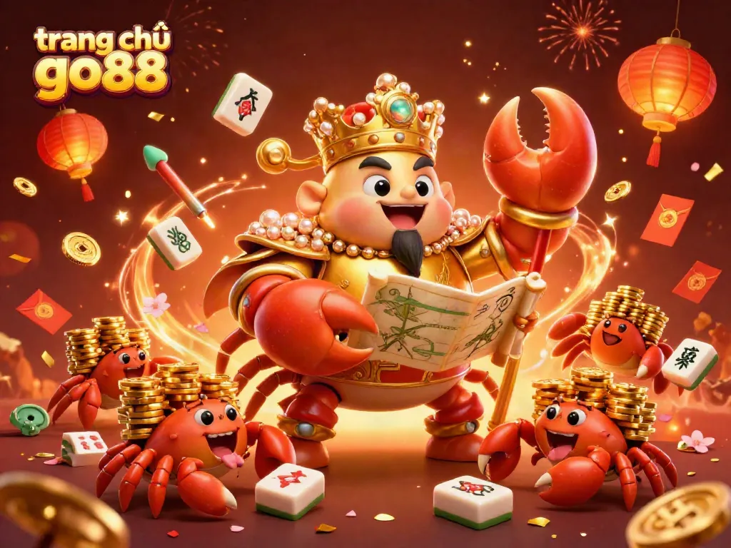Experience the excitement of trang chủ go88 with a vibrant 3D illustration featuring a golden crab emperor and game elements.