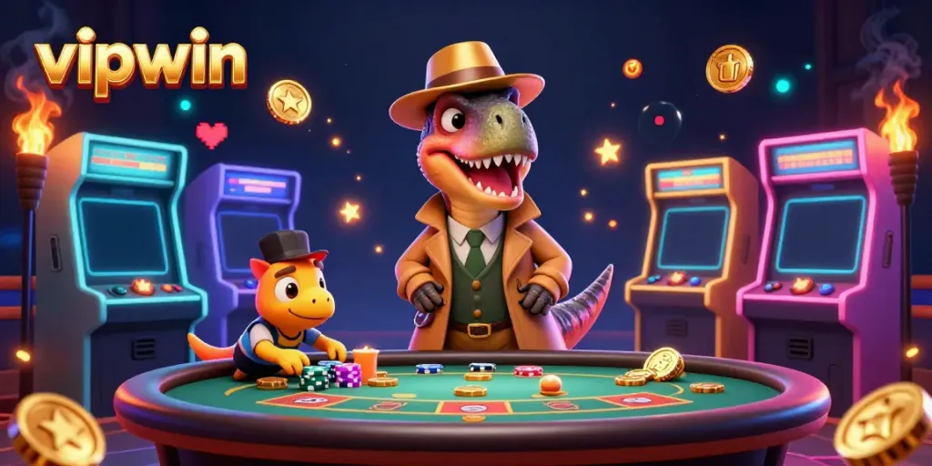 Experience the excitement of vipwin with 3D cartoon characters at a blackjack table, surrounded by vibrant gaming elements.