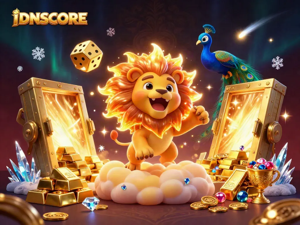 IDNSCORE showcases a colorful scene depicting a golden lion with dice and treasures, representing a bustling online gaming platform.