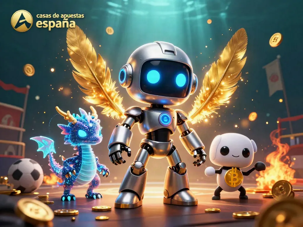 Apuesta en casas de apuestas en España mientras el robot y su dragón holográfico disfrutan del juego en un escenario vibrante.