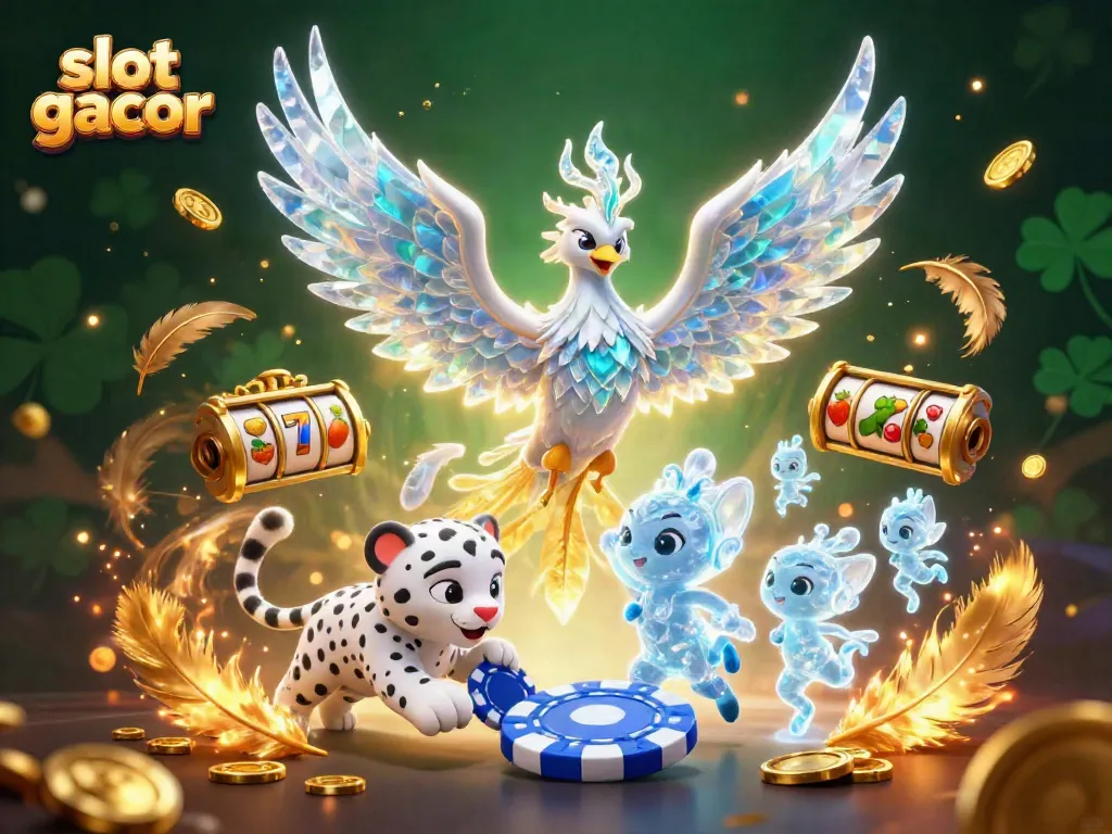 Play slots with the enchanting ice phoenix and cub in a vibrant casino scene featuring slot gacor elements.