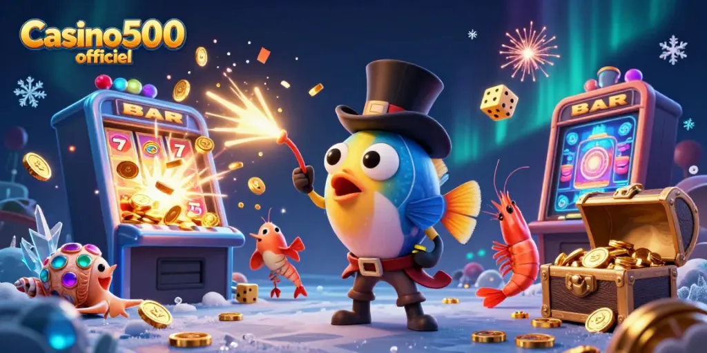 Oplev Casino500 officiel med 3D illustration af havdyr og spillemaskiner, der byder på guldgevinst.