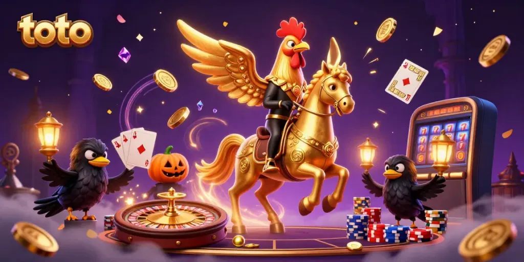Experience the excitement at toto casino with a dynamic scene featuring a golden rooster and spooky crows amidst rich game elements.