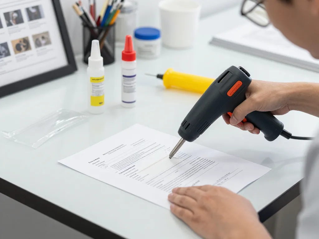 Skilled technician demonstrating Địa chỉ bóc ép plastic safely removing plastic layers from documents in a professional workshop.