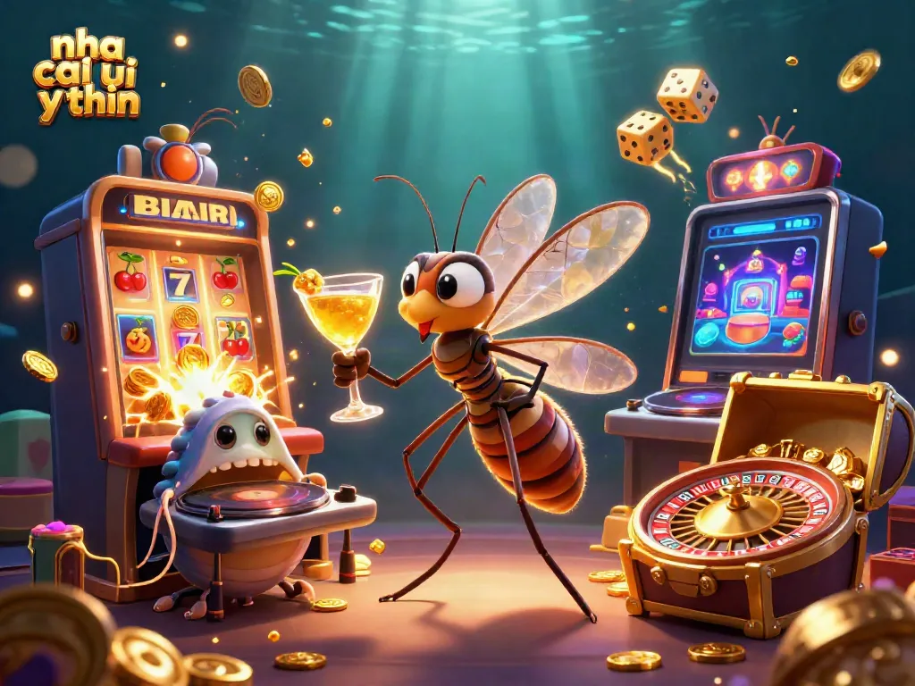 Experience the fun of nha cai uy tin as a frozen mosquito mascot celebrates with a golden cocktail amidst a lively casino scene.