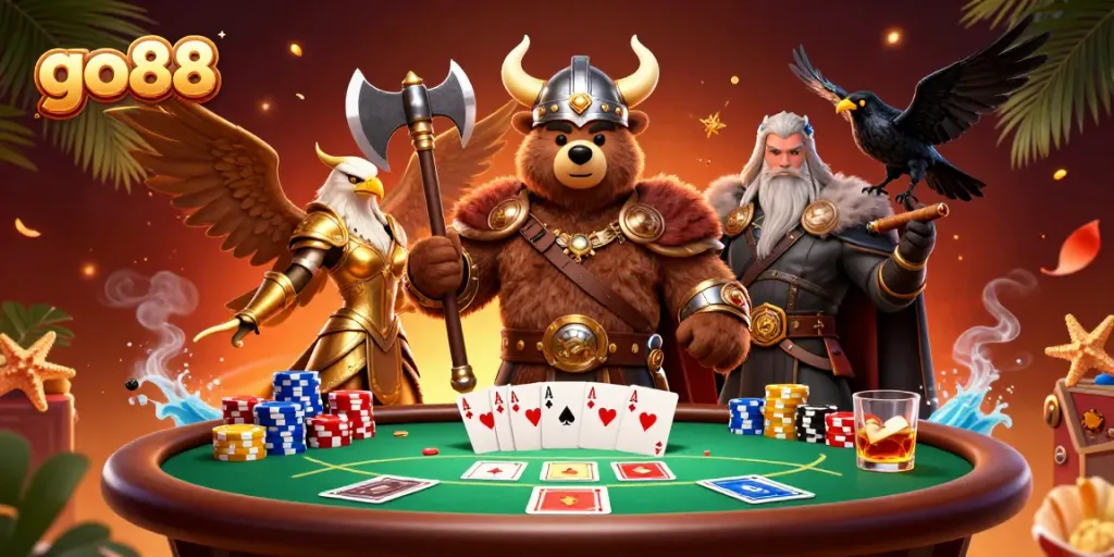 Experience the excitement of go88 with a dynamic illustration featuring a Viking bear, Valkyrie eagle, and poker elements in a vibrant casino scene.