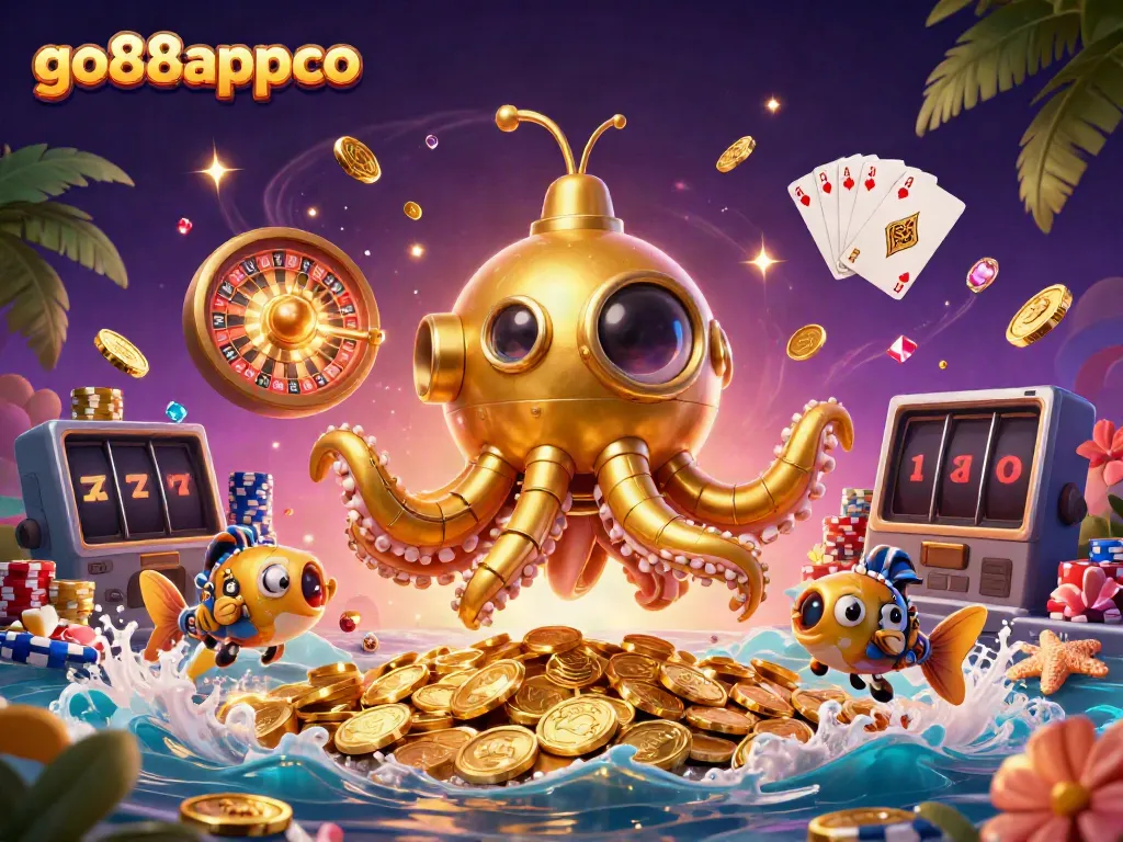 Experience thrilling adventures with go88appco's golden kraken submarine amidst a sea of coins in this casino scene.