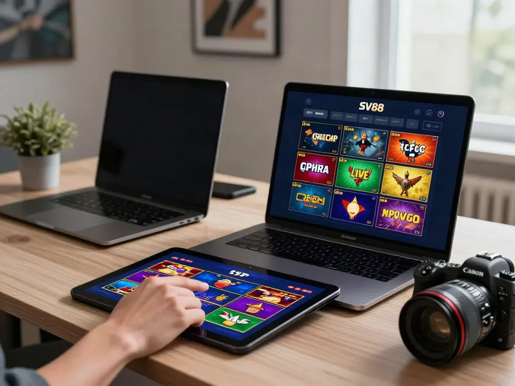 SV88 online gambling platform displayed on a laptop, highlighting interactive gaming experience.