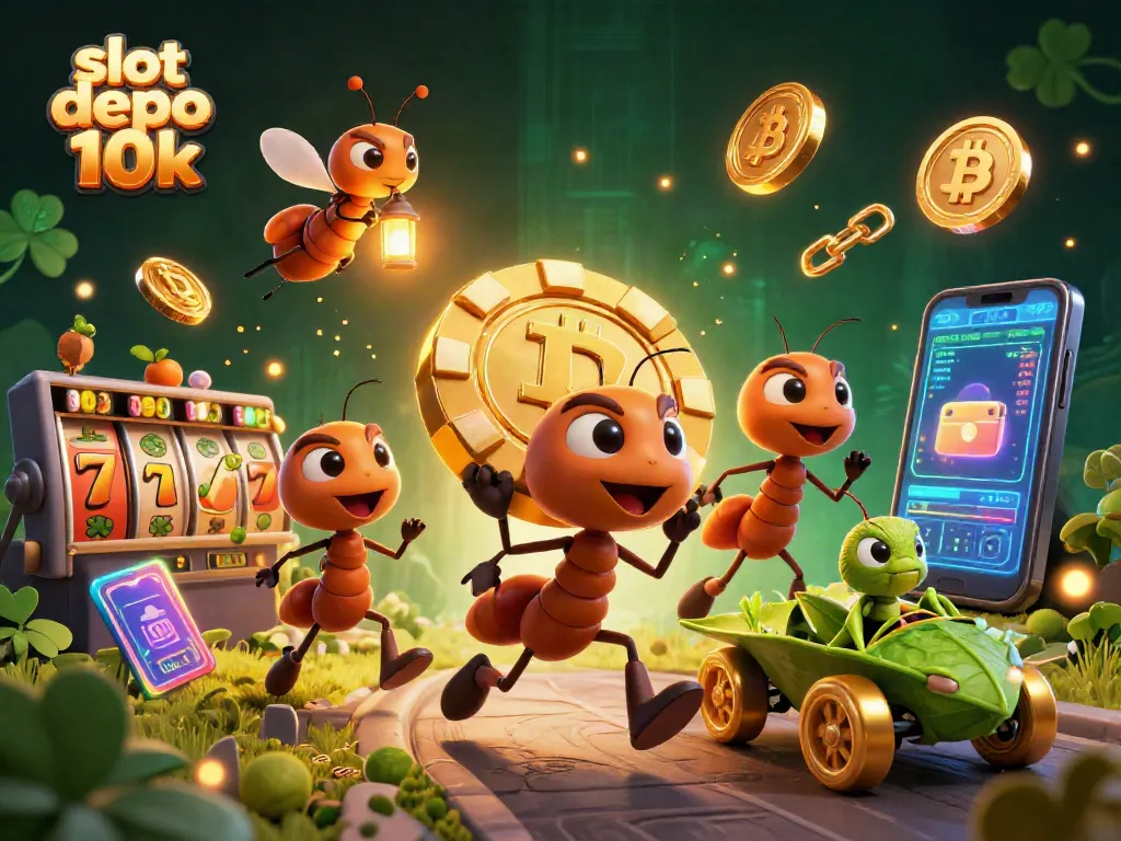 Win big with slot depo 10k as ants carry a giant poker chip in a vibrant casino heist scene.