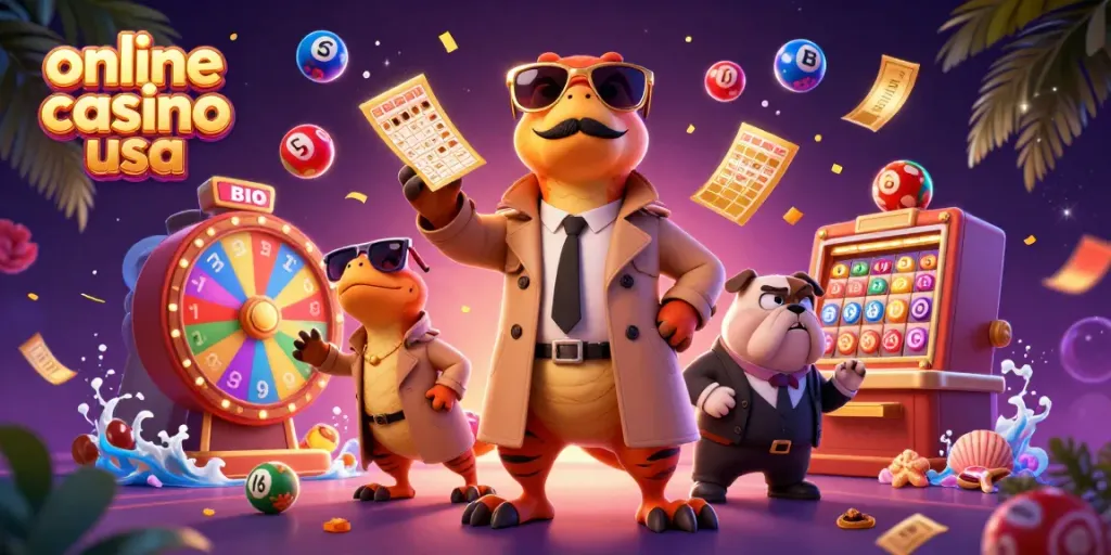 Engage in the excitement of online casino USA with raptors in a trench coat attempting VIP entry, surrounded by vibrant gaming elements.