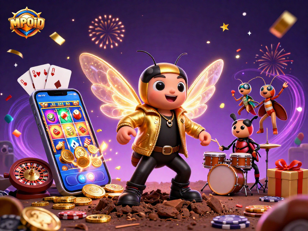 MPOID offers a vibrant casino scene with a cicada rock star, a drummer, and exciting slot games.