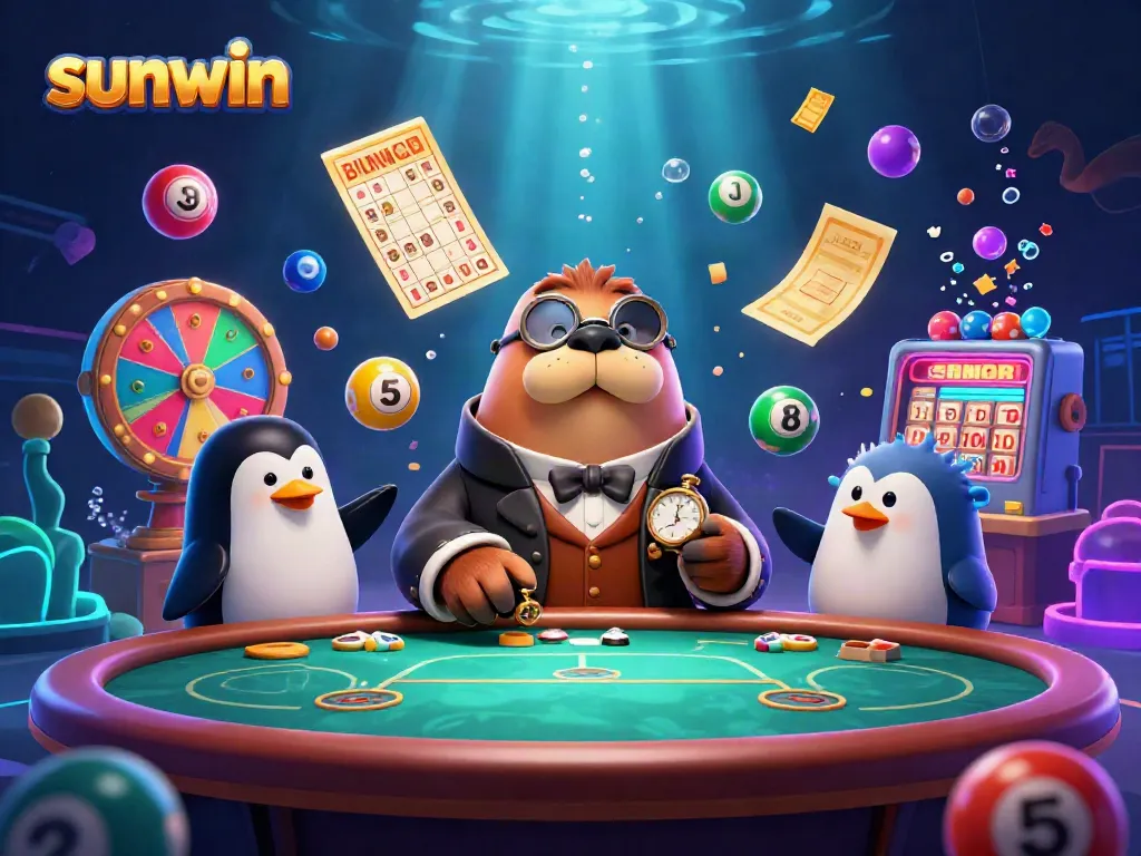 Experience the excitement of sunwin with a poker scene featuring a walrus, penguin dealer, and pufferfish player.