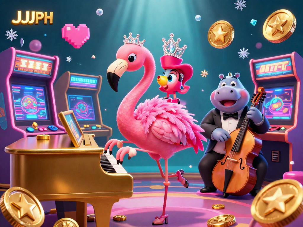 Engage with JJJPH in a vibrant casino scene featuring a flamingo singer and hippo bassist amidst glimmering game elements.