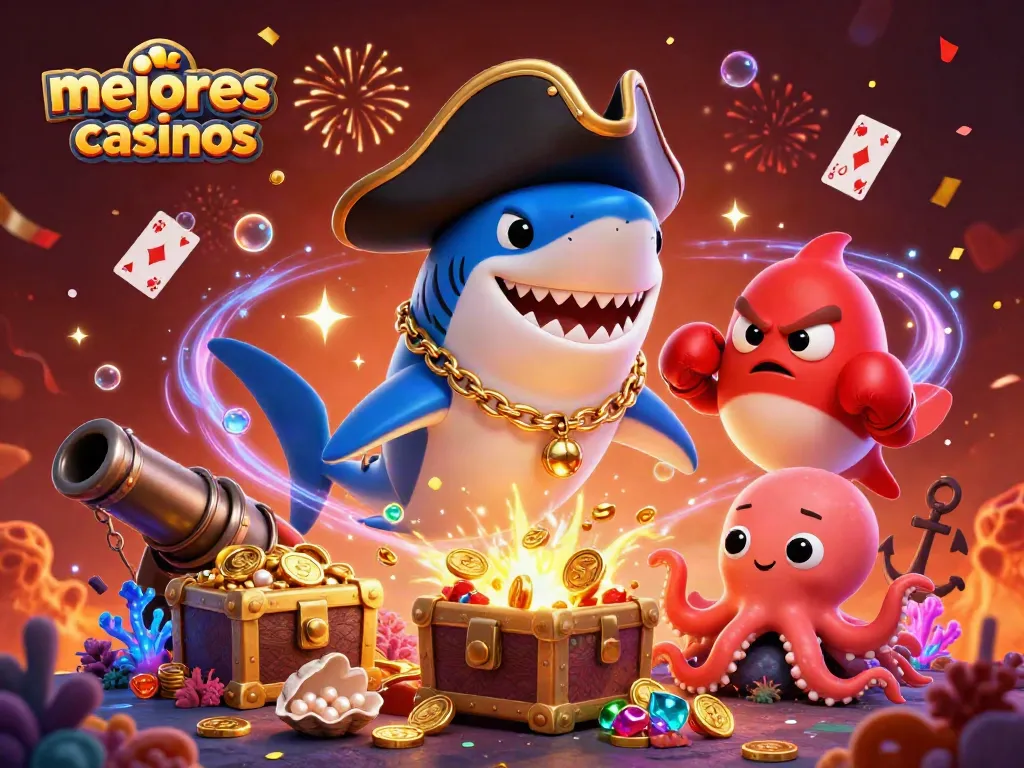 Mejores casinos: Pirata tiburón y compañeros celebran con monedas, cartas y confeti en un fondo vibrante.