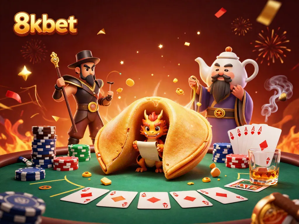Experience thrilling gaming action at 8xbet with a giant golden fortune cookie scene alongside poker elements.