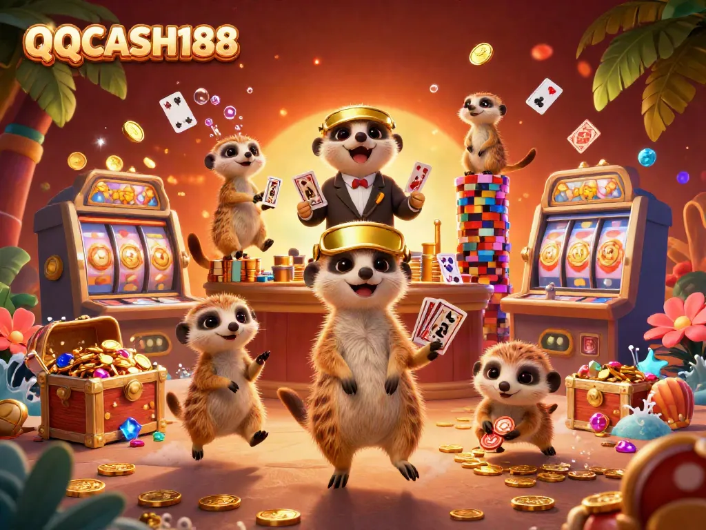 Experience the excitement of QQCASH188 with meerkats operating a vibrant casino scene, full of games and energy.