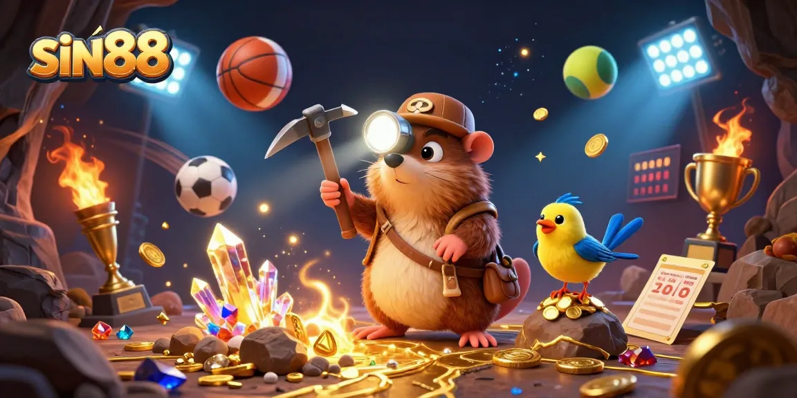Experience the thrill of sin88 at a vibrant casino scene with a treasure hunter and sports elements.