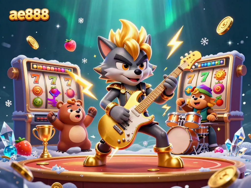 Engage with ae888's thrilling casino experience featuring a rock star wolf and immersive slot elements.