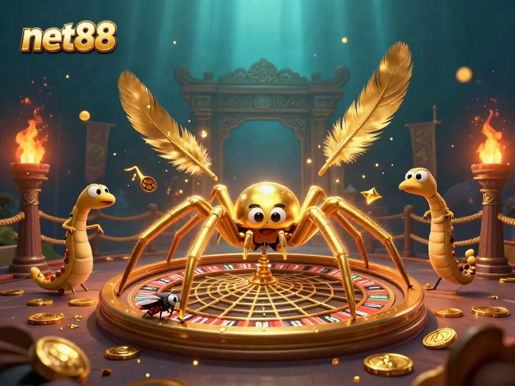 Experience net88 with an exciting gambling scene featuring a golden spider and a centipede croupier.
