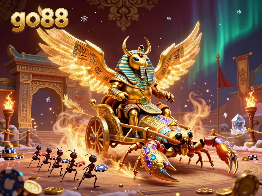 Engage with the vibrant scene of go88's colorful golden beetle, scorpions, and poker details.