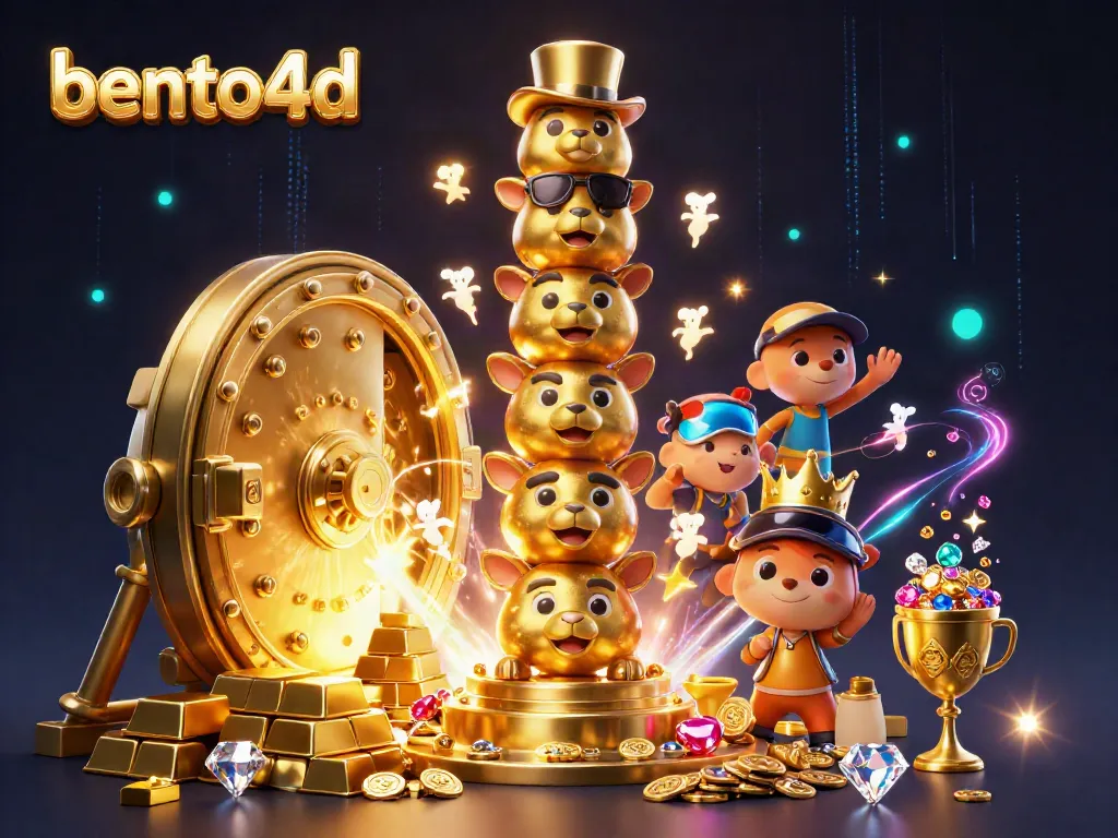 Bento4d showcases a vibrant casino-themed 3D scene with animated totem poles and treasure bursts.