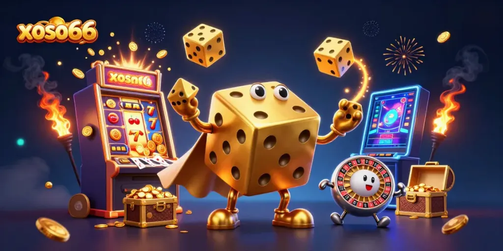 Experience excitement with xoso66's golden dice golem and dynamic jackpot elements in this vibrant casino illustration.