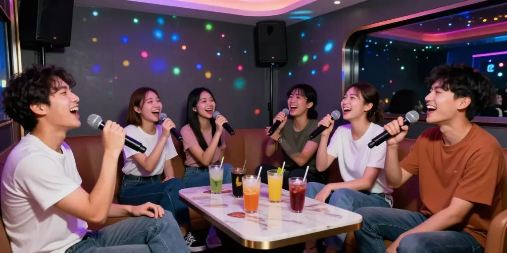 강남 달토 가라오케에서 친구들이 즐겁게 노래하는 모습