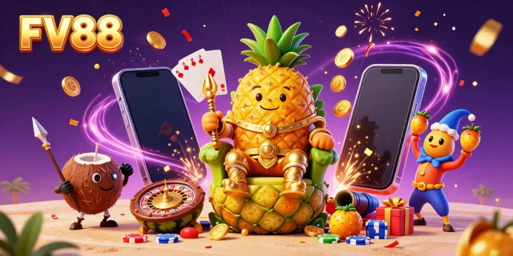 Engage with FV88's vibrant casino scene showing a 3D cartoon golden pineapple king surrounded by game elements like slot games and poker chips.