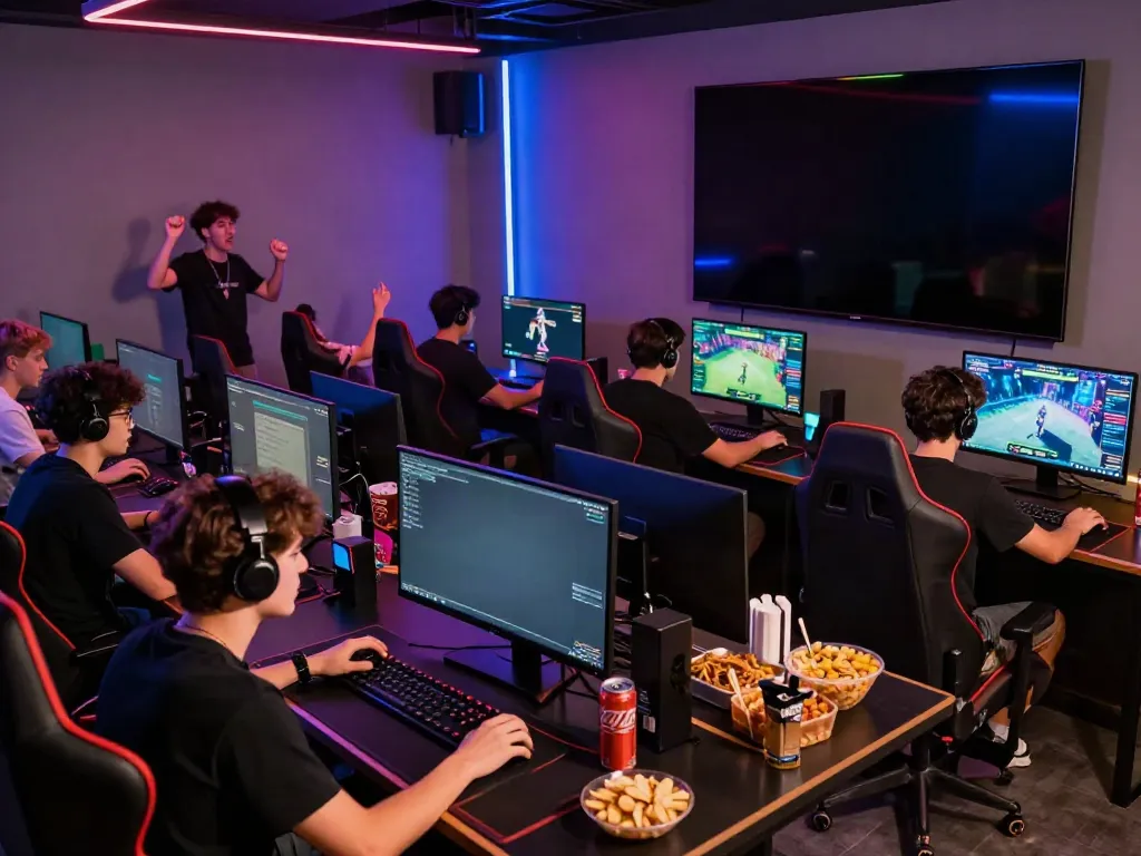 manclub gaming lounge with young men engaging in competitive gaming activities