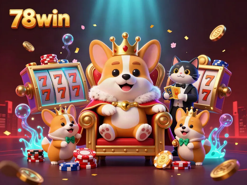 Experience the excitement of 78win with royal corgi characters and vibrant casino elements.