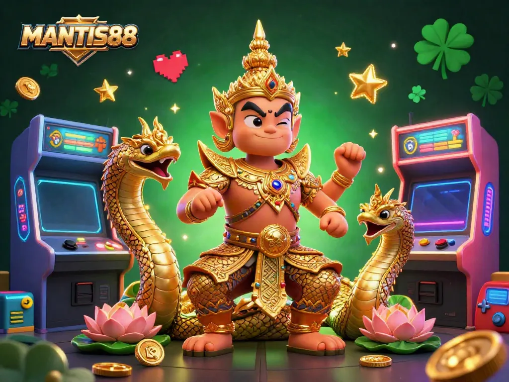 Experience the excitement of MANTIS88 with colorful arcade games and Thai guardians in golden armor.