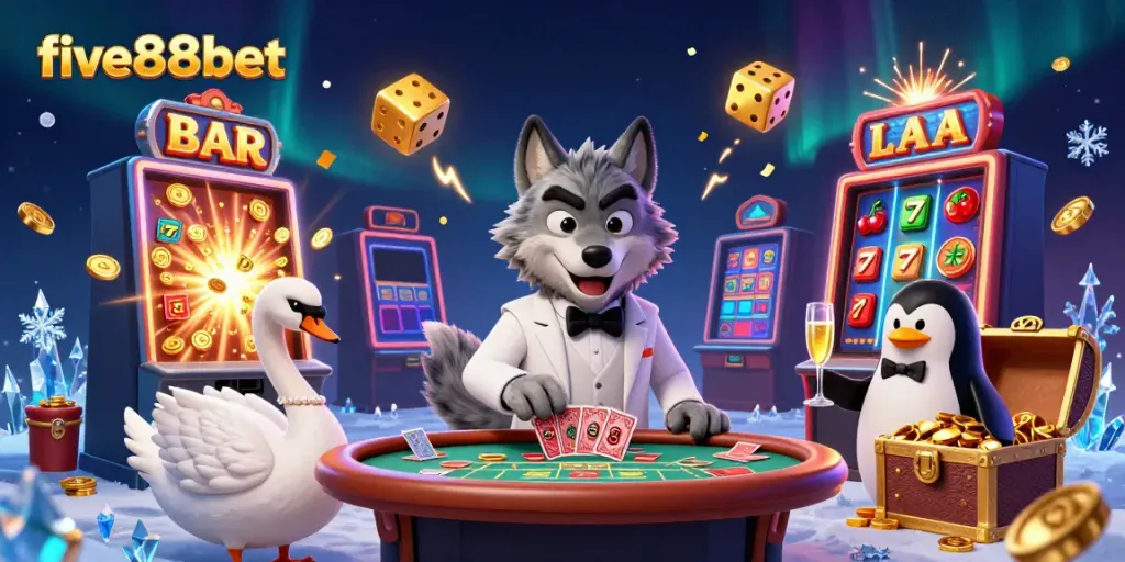 Experience exciting wins at five88bet with a colorful casino scene featuring unique characters and thrilling game elements.