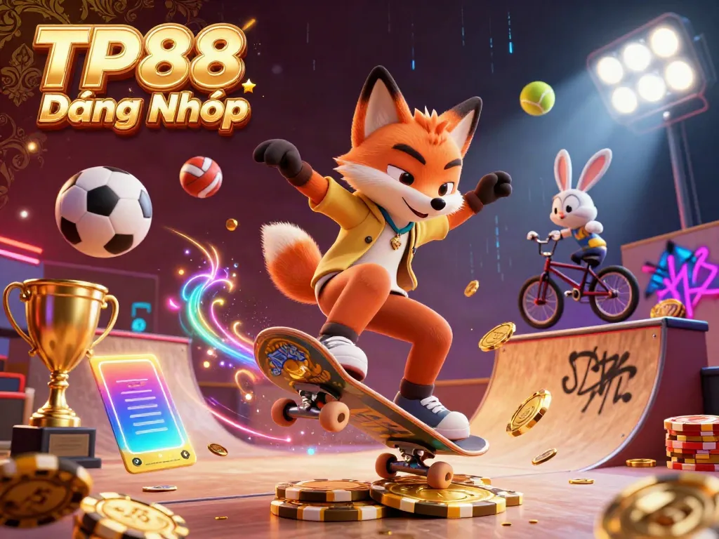 Experience the excitement of online gambling with TP88 Đăng Nhập as our animated fox character performs tricks over golden poker chips.