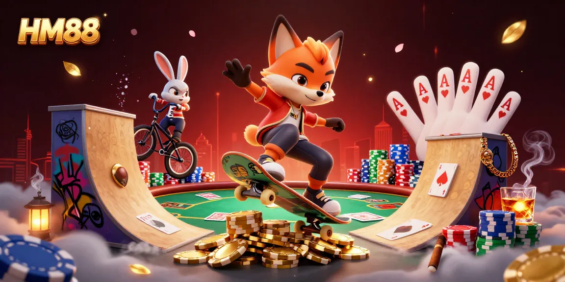 Engage in thrilling betting at HM88 with a vibrant 3D casino scene featuring playful characters.