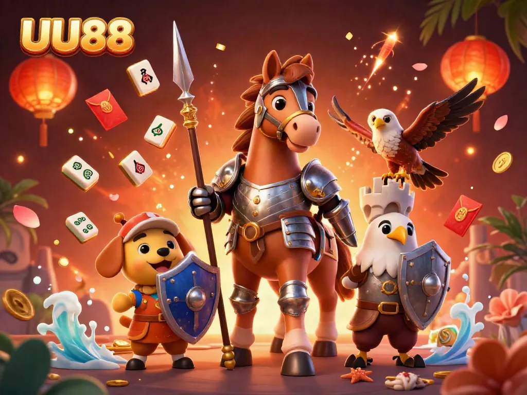 Engage with UU88's dynamic casino experience featuring a knight and puppy amidst vibrant gambling elements.